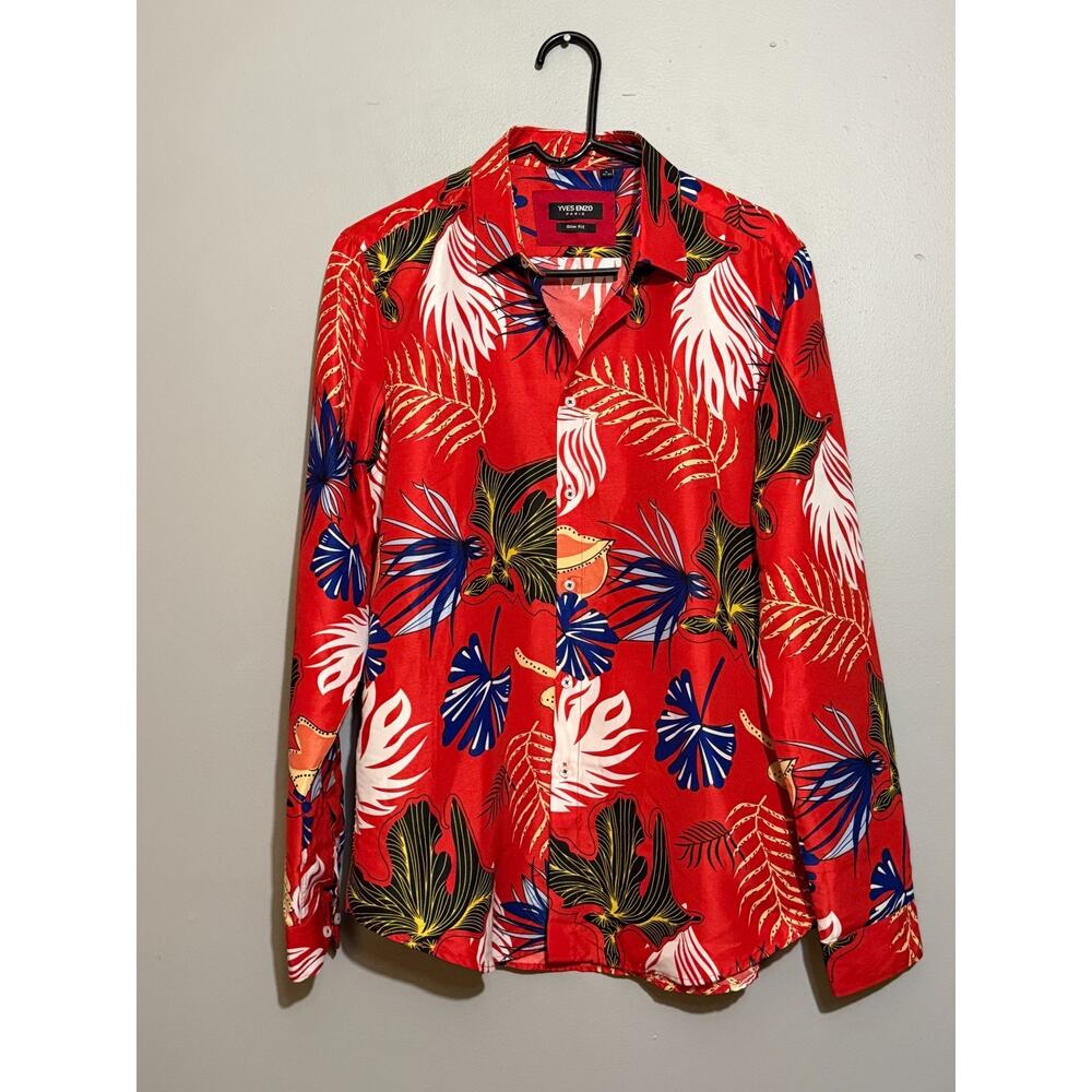 Yves Enzo Paris Men's L 41/42 Slim Fit Tropical Floral Shirt Red Button Up